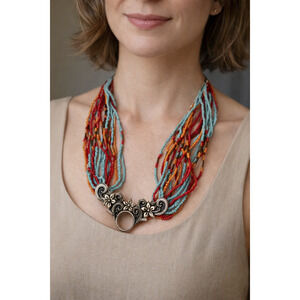 Multi Strand Seed Bead Necklace Turquoise Orange Southwestern Boho Handcrafted